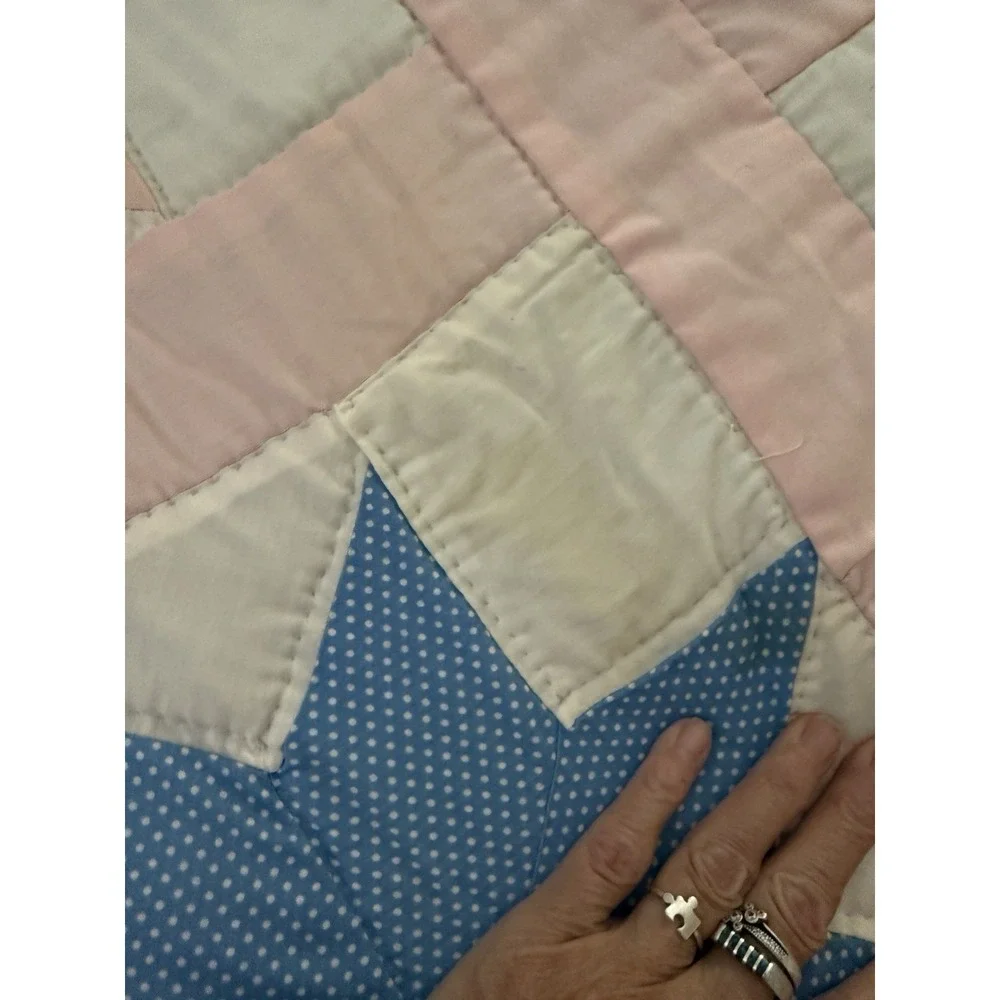 Vintage Eight Point Star Handmaid Pieced Hand Quilted Blue & Pink Patchwork